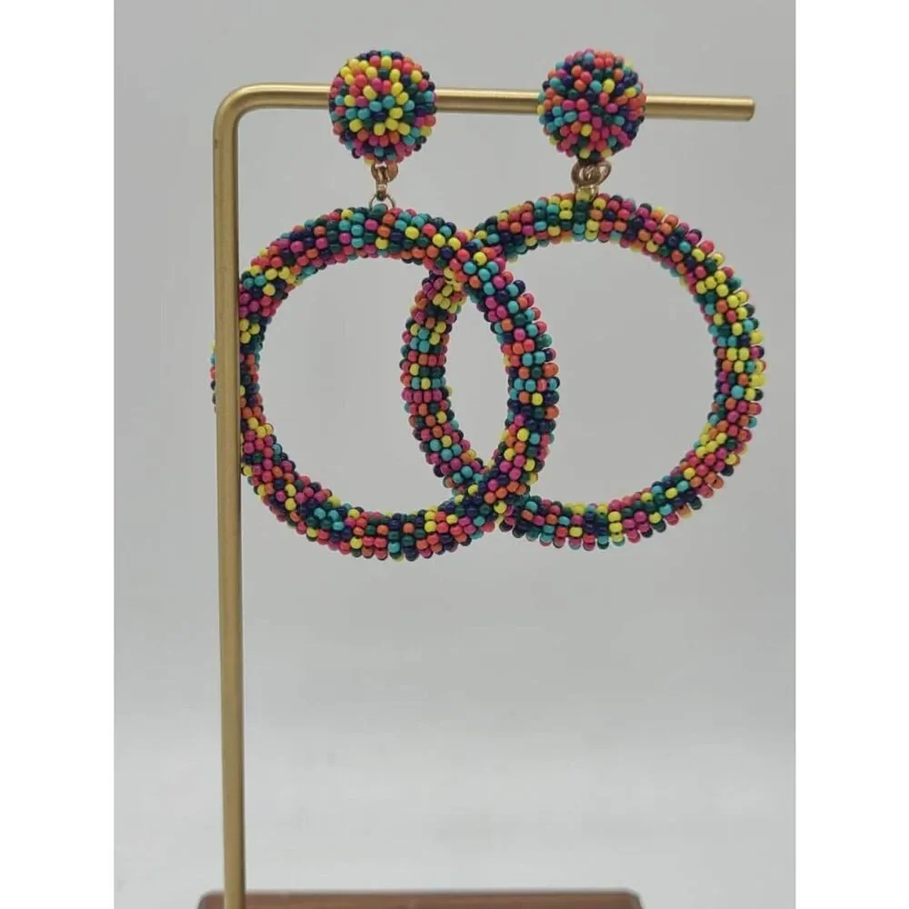 Colorful Beaded Hoop Stud Earrings
